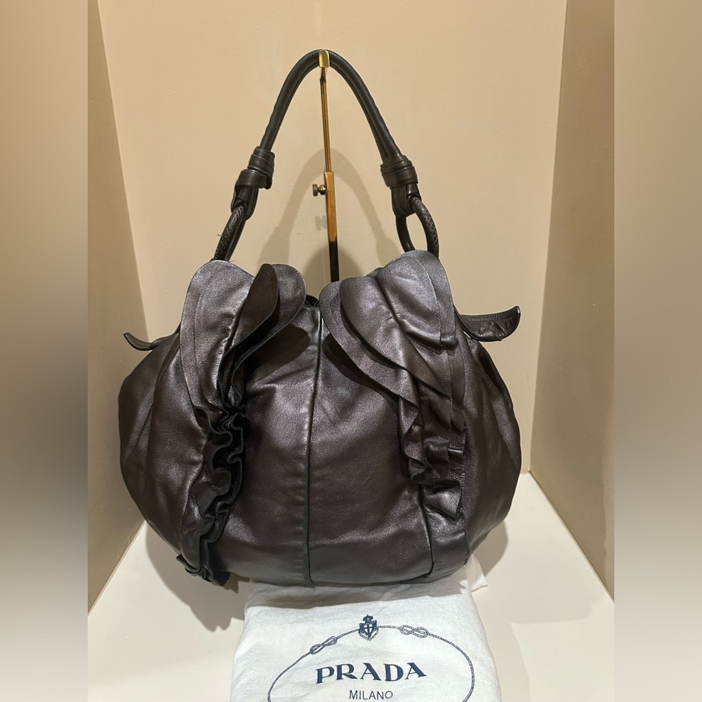 PRADA Nappa Mordore Leather Brown Ruffle Bag - Picture 9 of 14